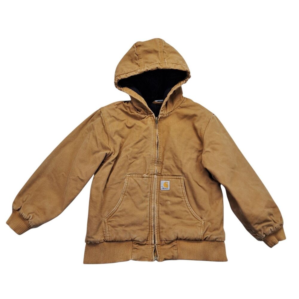 Carhartt Hooded Jacket Youth M Medium Brown Canvas Workwear Quilt Lined Coat